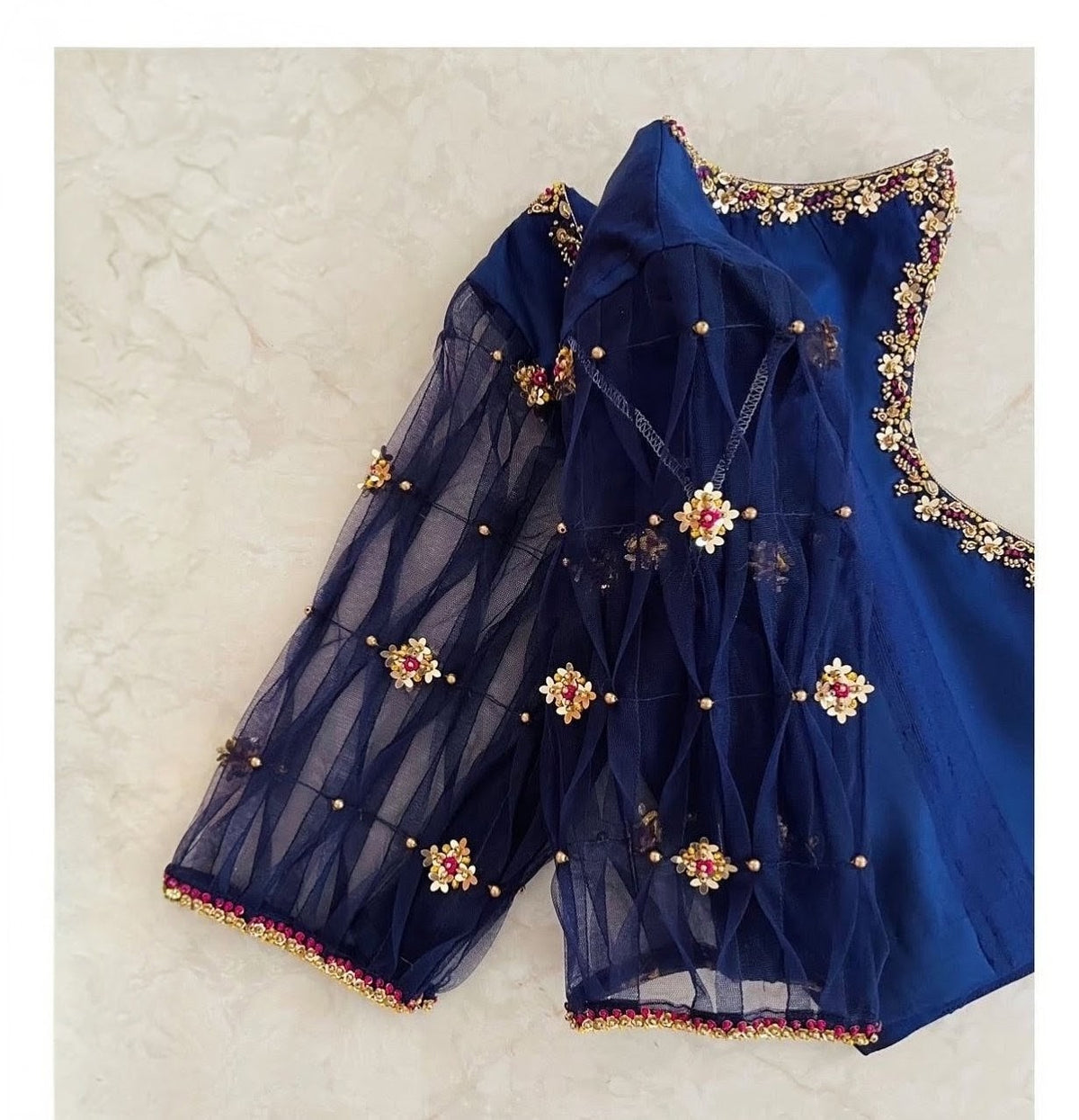 Royal Blue Designer Blouse with Sheer Net Sleeves & Floral Embellished Back