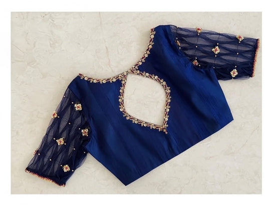 Royal Blue Designer Blouse with Sheer Net Sleeves & Floral Embellished Back