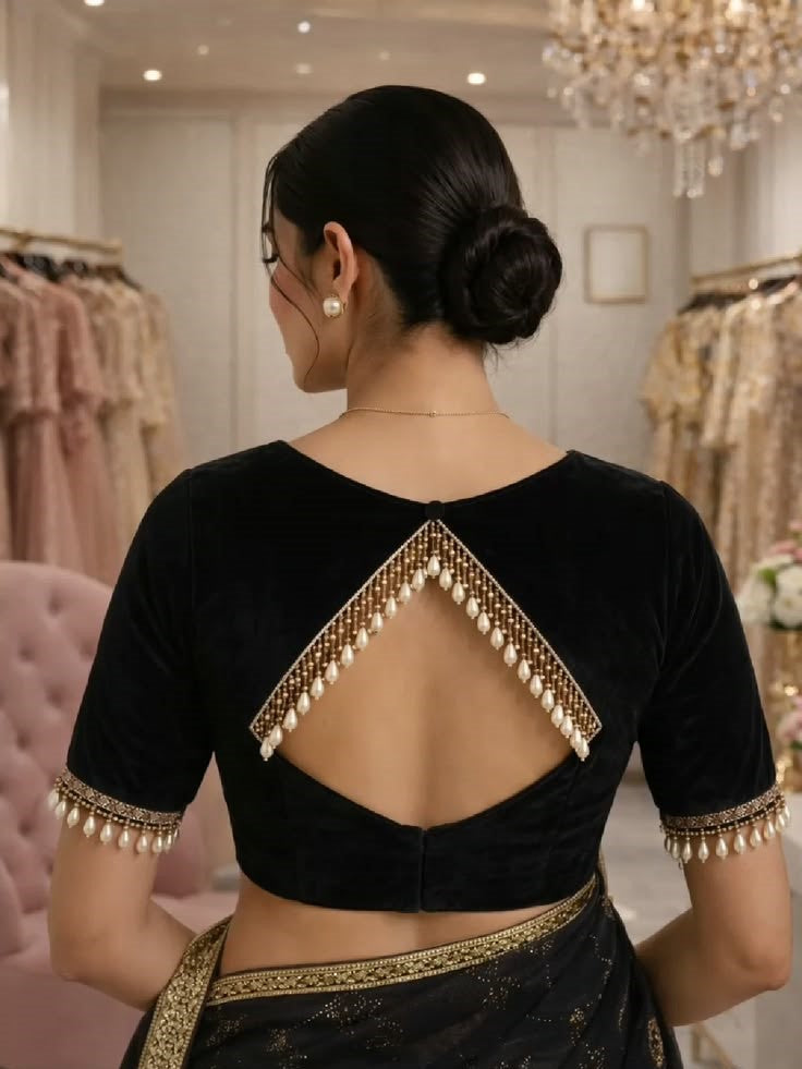 Designer Black Velvet Blouse with Golden Floral Embroidery & Pearl Drop Sleeves