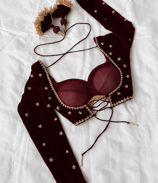 Maroon Velvet Designer Blouse with Golden Floral Embroidery & Embellished Border