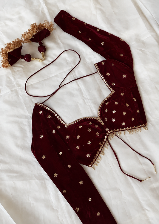 Maroon Velvet Designer Blouse with Golden Floral Embroidery & Embellished Border