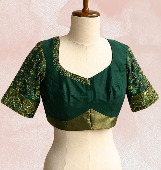 Designer Dark Green Silk Blouse with Intricate Floral Embroidery & Embellished Sleeves