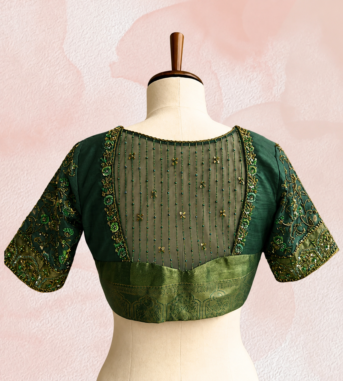 Designer Dark Green Silk Blouse with Intricate Floral Embroidery & Embellished Sleeves