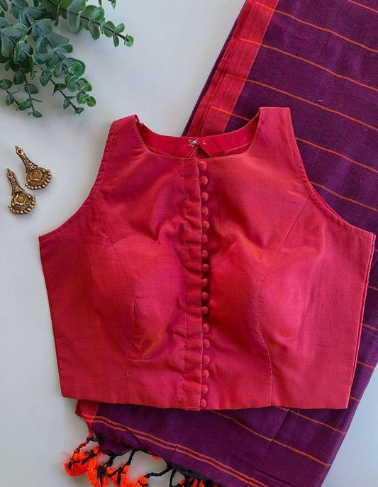 Elegant Red Silk Sleeveless Blouse with Front Button Detailing & Keyhole Back