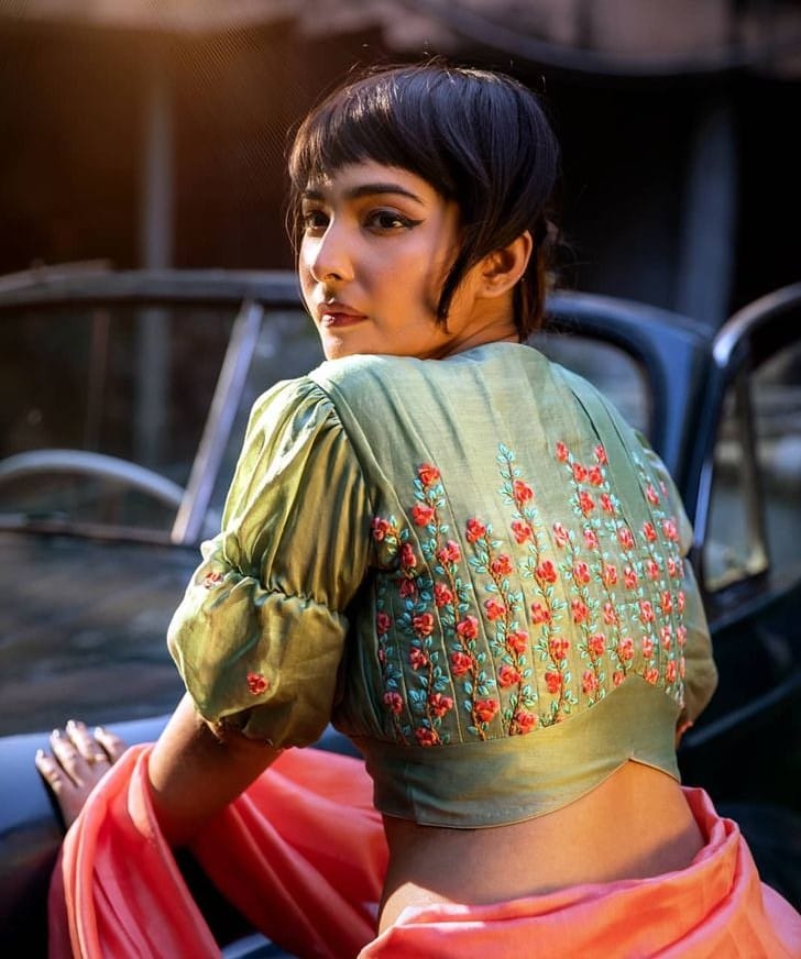 Olive Green Satin Blouse with Ruched Bust & Puff Sleeves