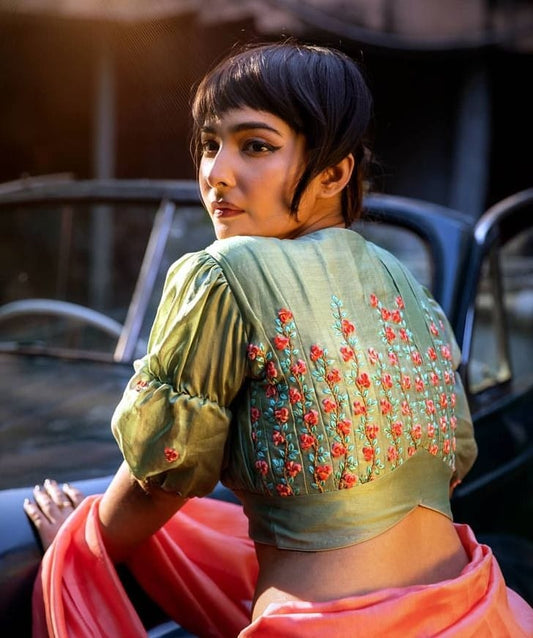 Olive Green Satin Blouse with Ruched Bust & Puff Sleeves