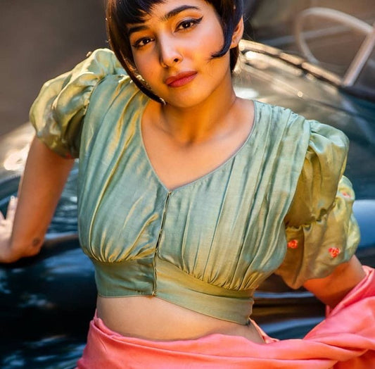 Olive Green Satin Blouse with Ruched Bust & Puff Sleeves