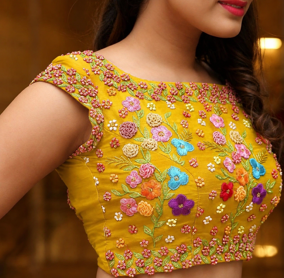 Designer Yellow Floral Embroidered Blouse with Beautiful Back Tie-Up & Short Sleeves
