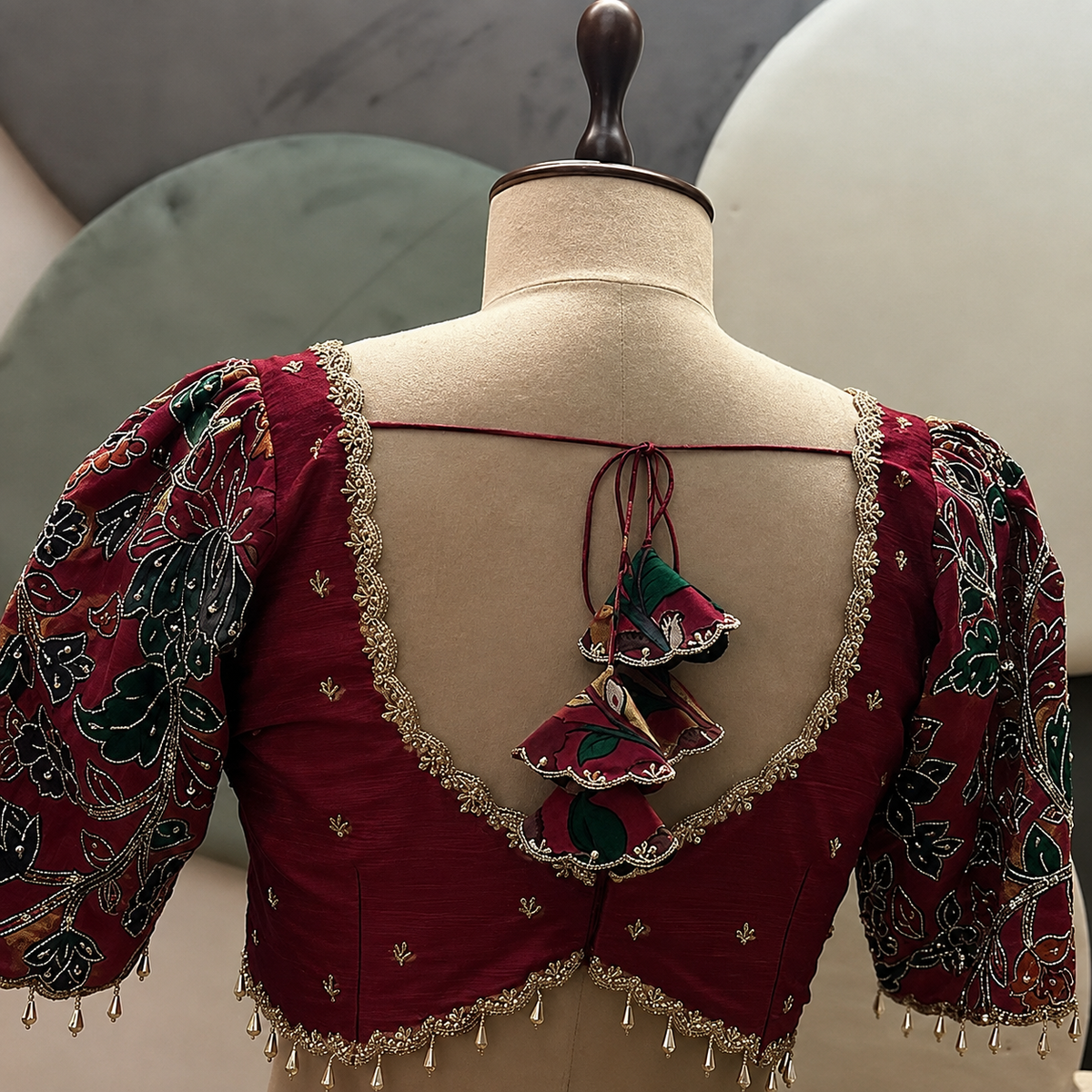 Designer Maroon Silk Blouse with Embroidered Floral Sleeves & Deep U-Back
