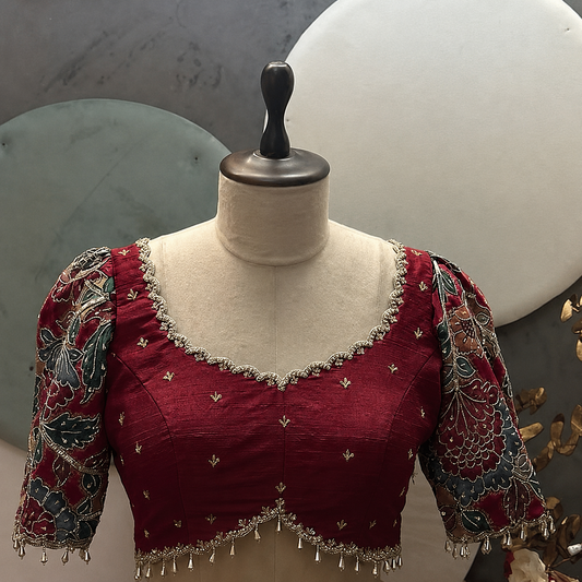 Designer Maroon Silk Blouse with Embroidered Floral Sleeves & Deep U-Back