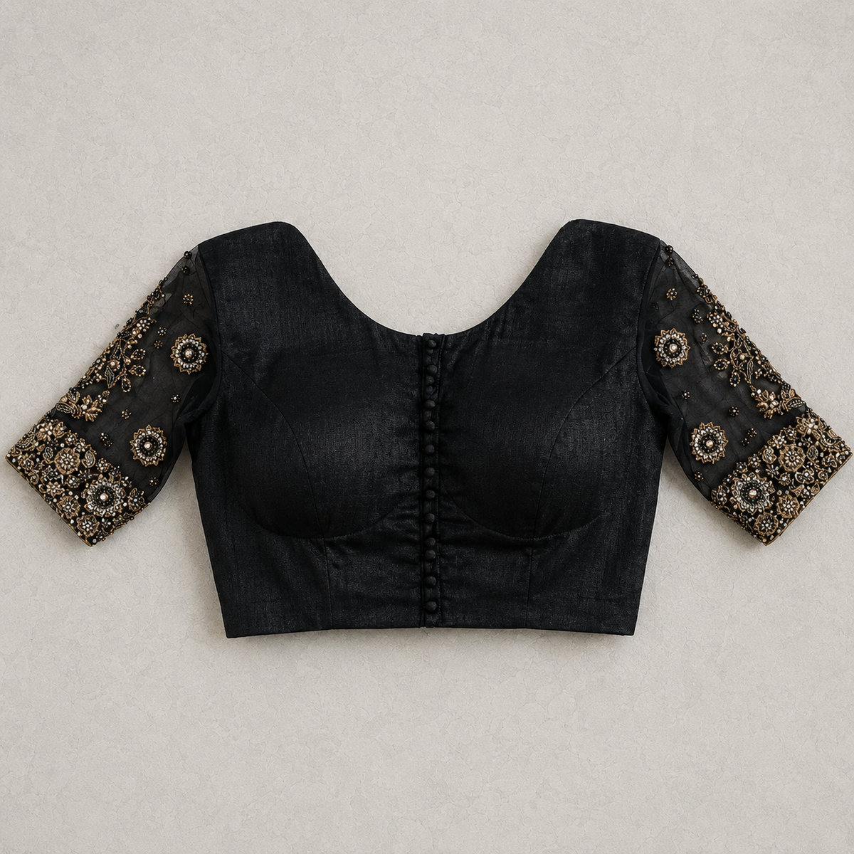 Designer Black Blouse with Heavy Embroidered Sleeves & Elegant Front Button Detailing