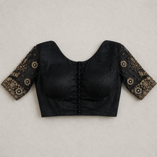 Designer Black Blouse with Heavy Embroidered Sleeves & Elegant Front Button Detailing