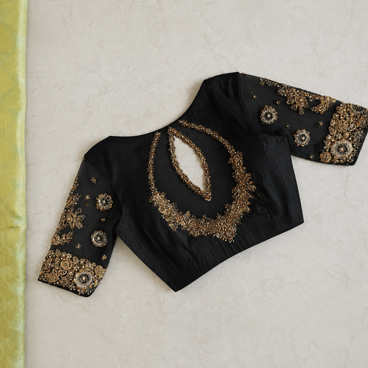 Designer Black Blouse with Heavy Embroidered Sleeves & Elegant Front Button Detailing