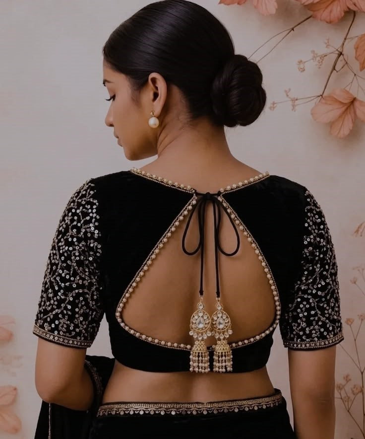Black Velvet Embroidered Designer Blouse with Pearl Border & Back Dori Detailing