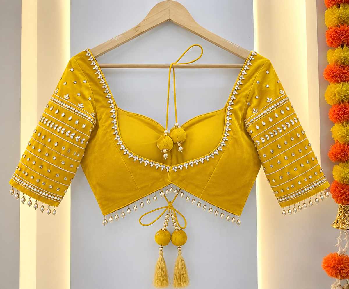 Yellow Designer Embroidered Blouse with Sequin Work, Elbow Sleeves & Latkan Detailing