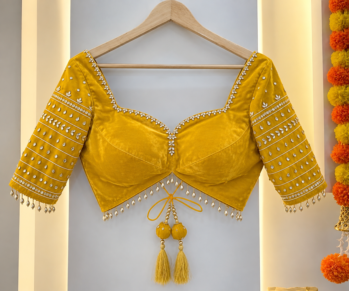Yellow Designer Embroidered Blouse with Sequin Work, Elbow Sleeves & Latkan Detailing
