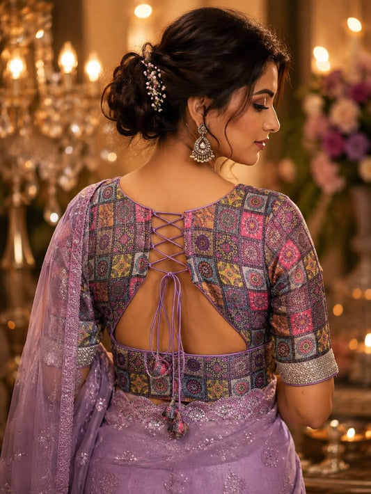 Multicolor Printed Designer Blouse with 3/4 Sleeves, Square Neck & Back Dori Detailing