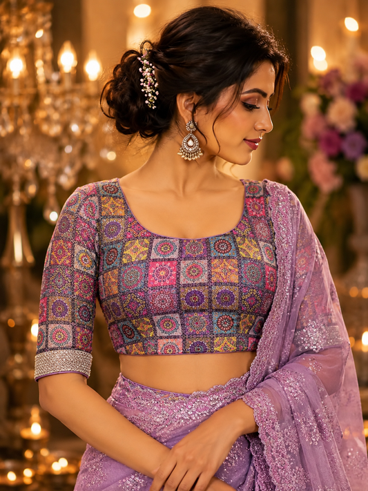Multicolor Printed Designer Blouse with 3/4 Sleeves, Square Neck & Back Dori Detailing