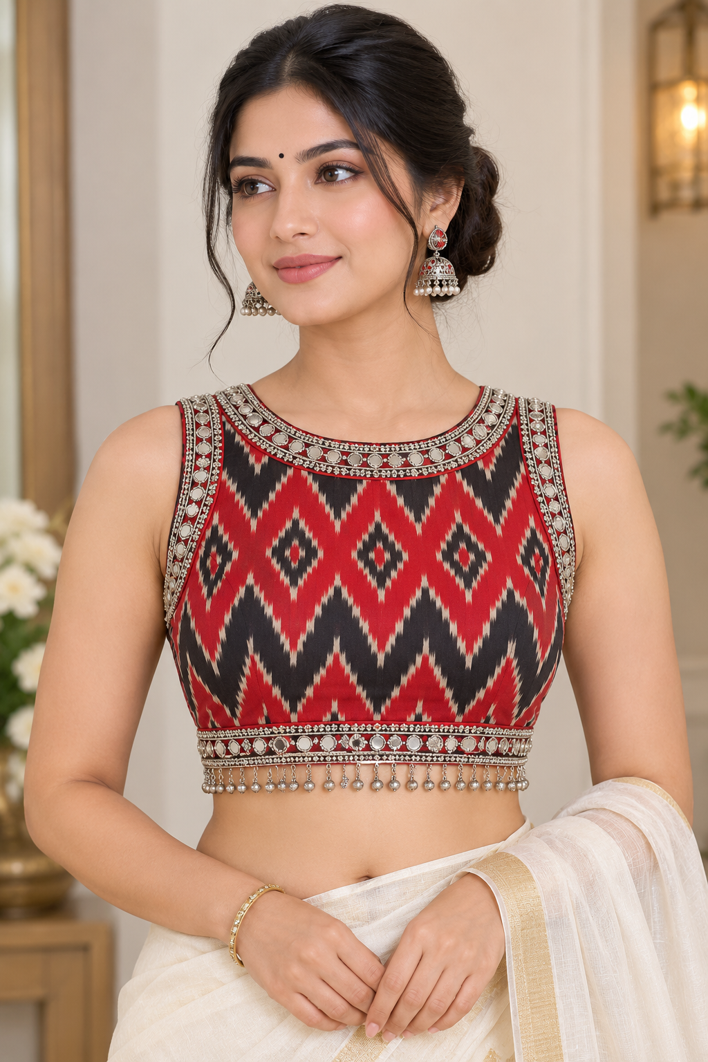 Red & Black Ikat Print Designer Blouse with Mirror Work & Beaded Border