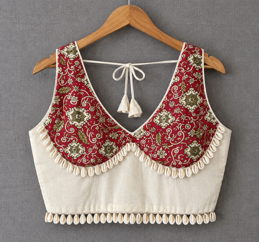 Red Floral Printed & Cream Designer Blouse with Cowrie Shell Embellishment