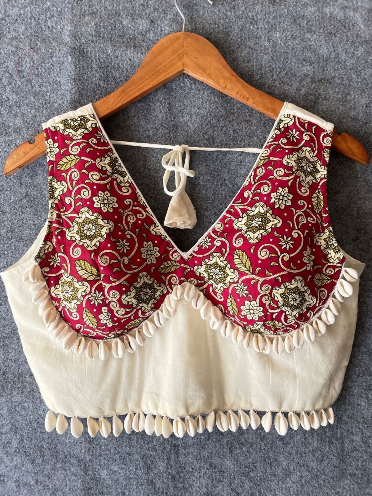 Red Floral Printed & Cream Designer Blouse with Cowrie Shell Embellishment