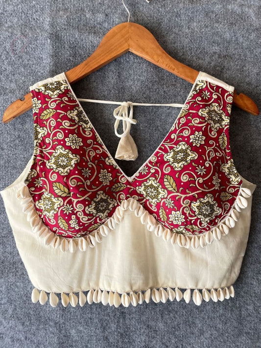 Red Floral Printed & Cream Designer Blouse with Cowrie Shell Embellishment