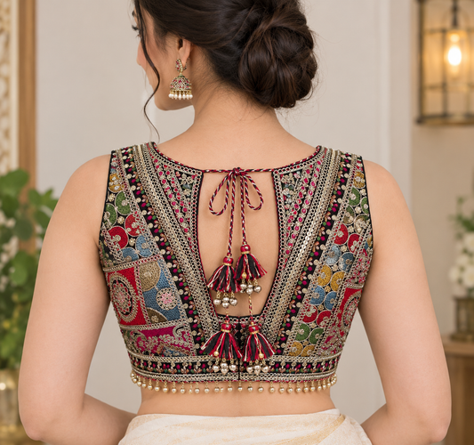 Multicolor Designer Embroidered Blouse with Zari Border & Beaded Fringe-Navratri Special
