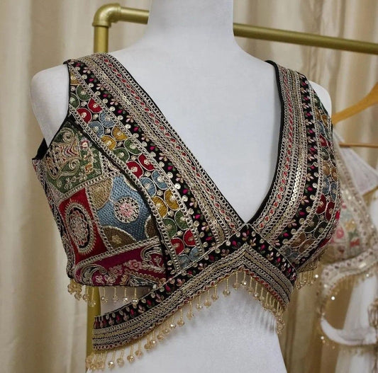 Multicolor Designer Embroidered Blouse with Zari Border & Beaded Fringe-Navratri Special