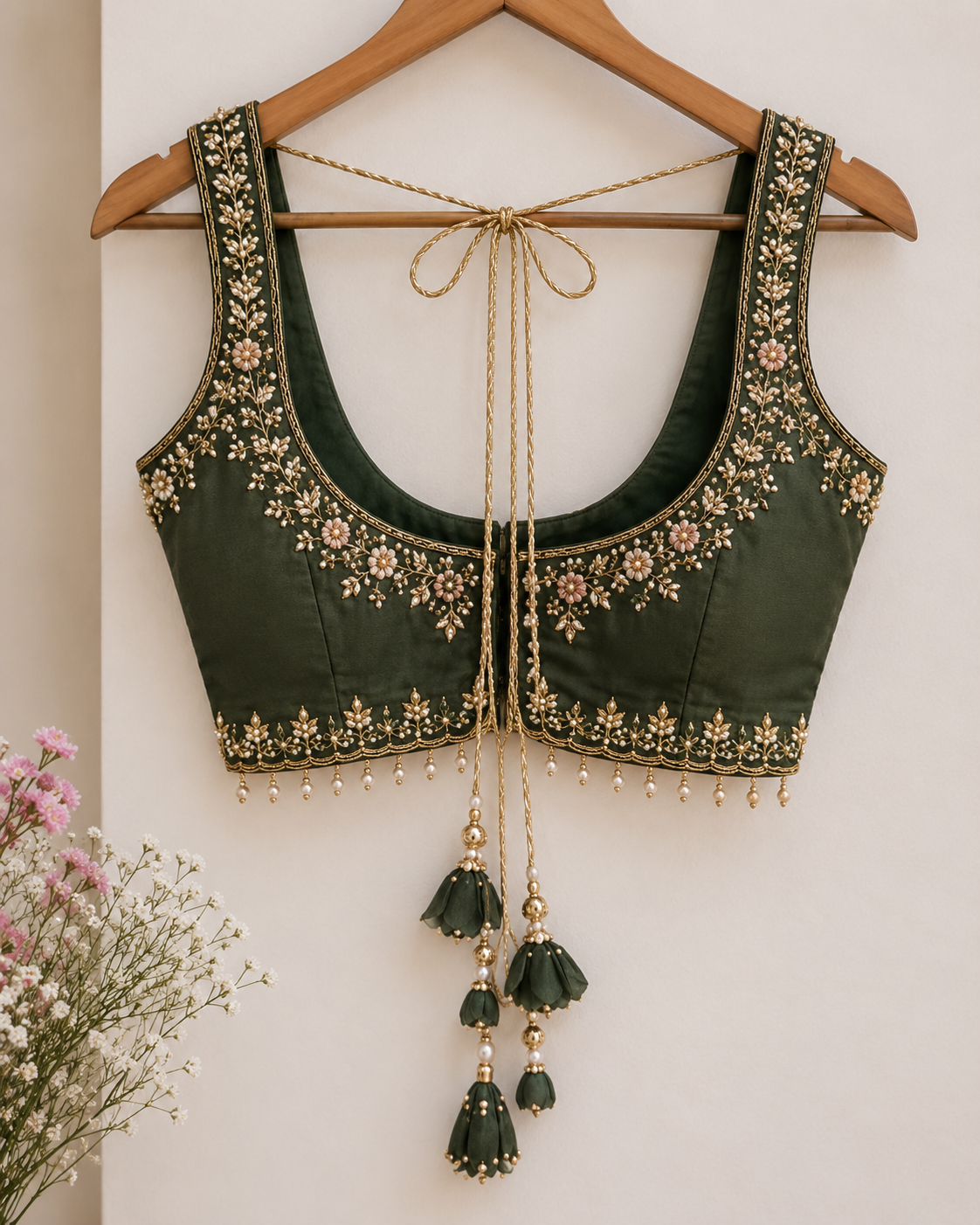 Dark Green Designer Embroidered Silk Blouse with Floral Zari Work & Latkan