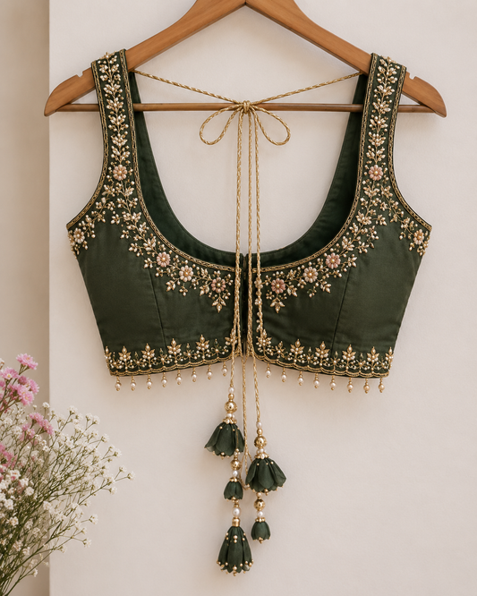 Dark Green Designer Embroidered Silk Blouse with Floral Zari Work & Latkan