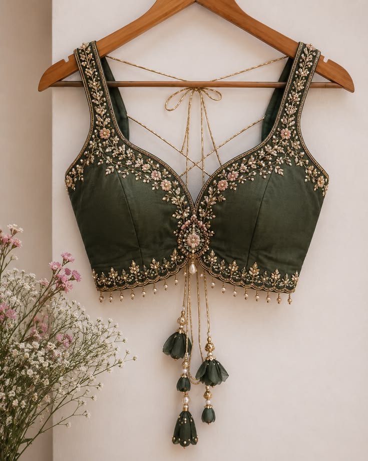 Dark Green Designer Embroidered Silk Blouse with Floral Zari Work & Latkan