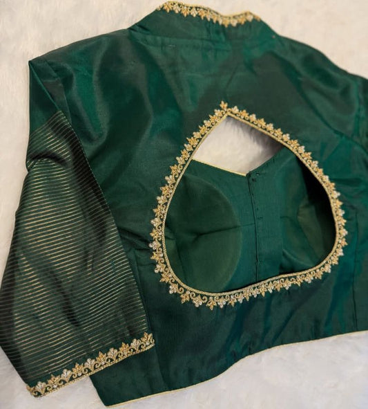 Green Silk Blouse with Designer Cut-Out Back & Gold Embroidery