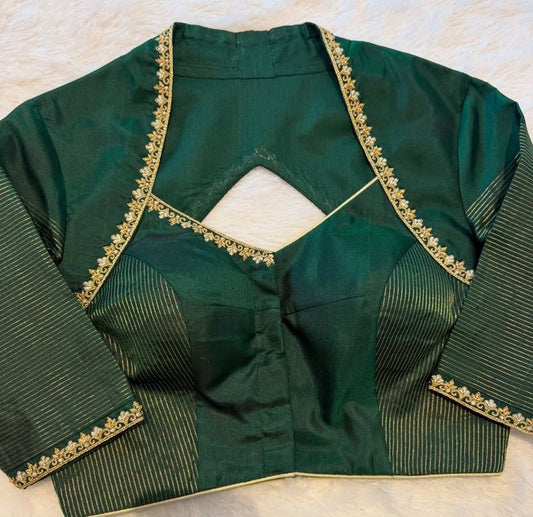 Green Silk Blouse with Designer Cut-Out Back & Gold Embroidery