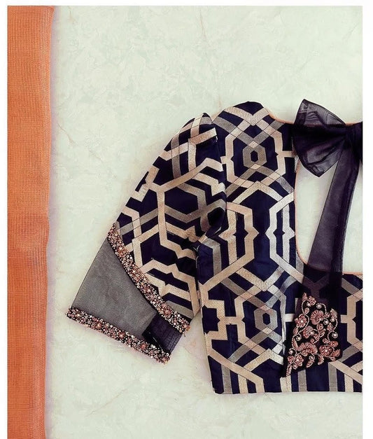 Black & White Geometric Print Designer Blouse with Tie-Up Back