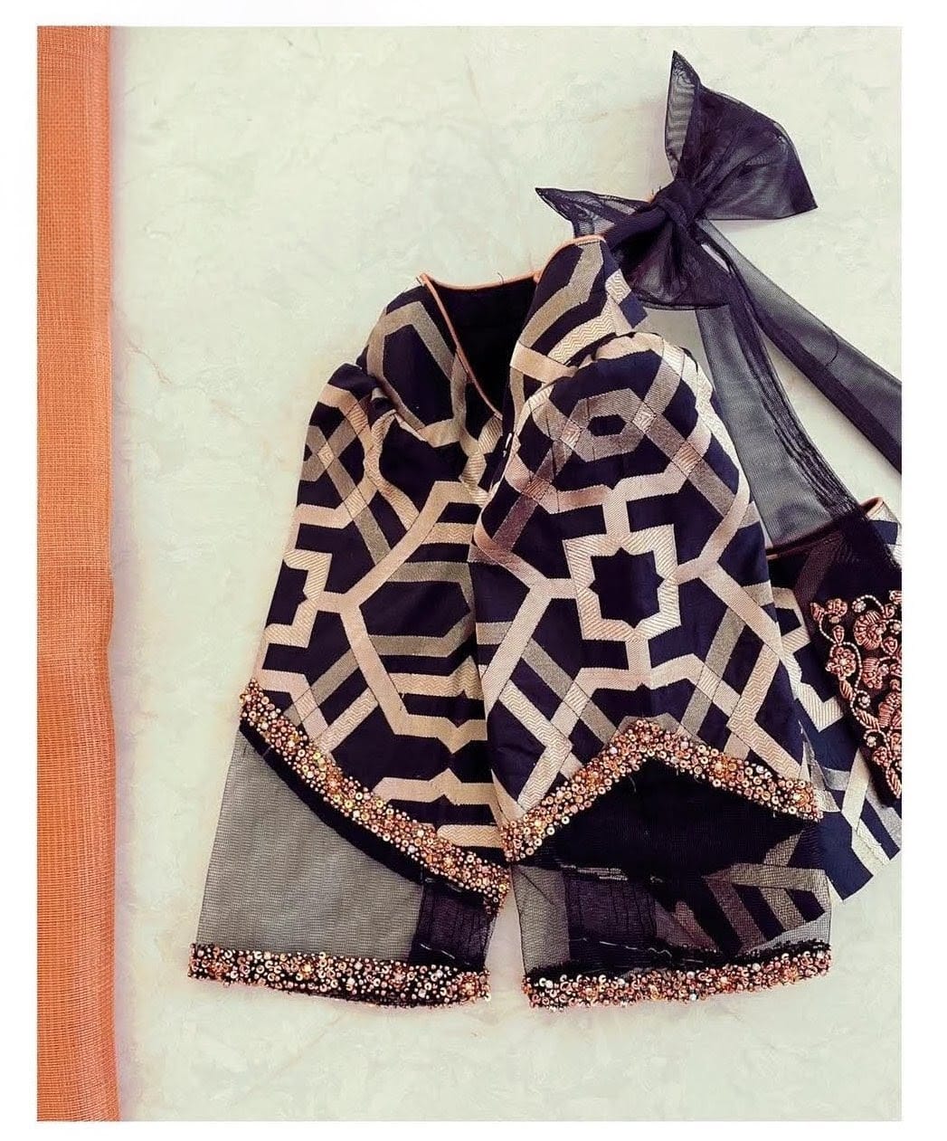 Black & White Geometric Print Designer Blouse with Tie-Up Back