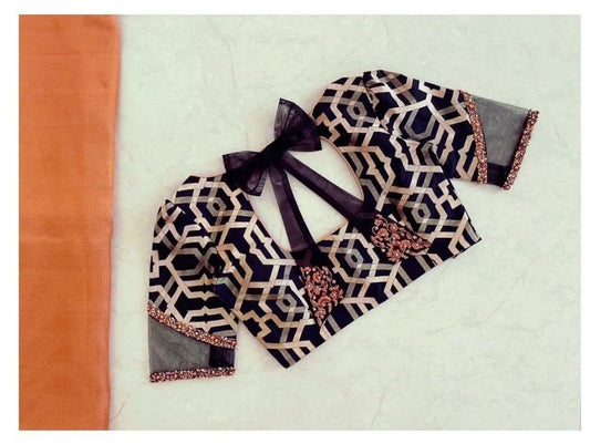 Black & White Geometric Print Designer Blouse with Tie-Up Back