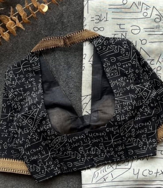 Black Printed Blouse with Mathematical Motif & Contrast Gold Border