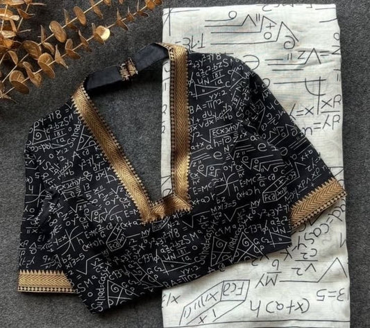Black Printed Blouse with Mathematical Motif & Contrast Gold Border