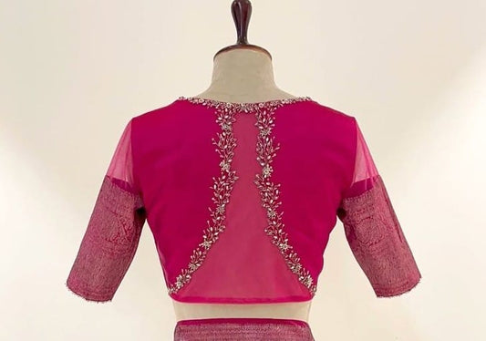 Fuchsia Embroidered Sheer Back Designer Blouse