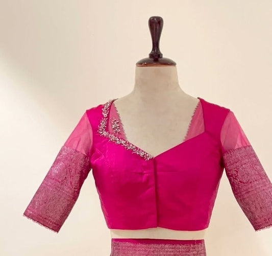 Fuchsia Embroidered Sheer Back Designer Blouse