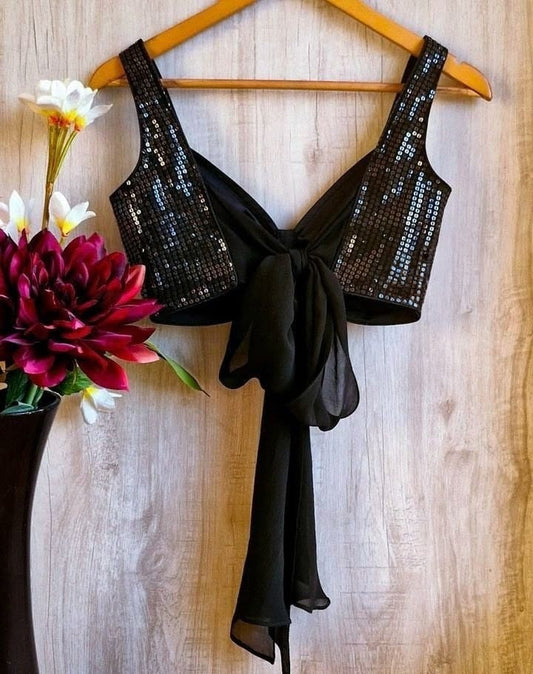 Black Sequin Designer Blouse with Sheer Drape Tie-Up Detail