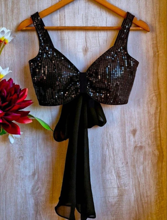 Black Sequin Designer Blouse with Sheer Drape Tie-Up Detail