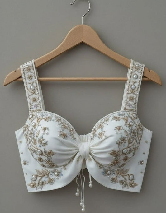 Ivory Embroidered Designer Blouse with Knot Detail & Pearl Accents