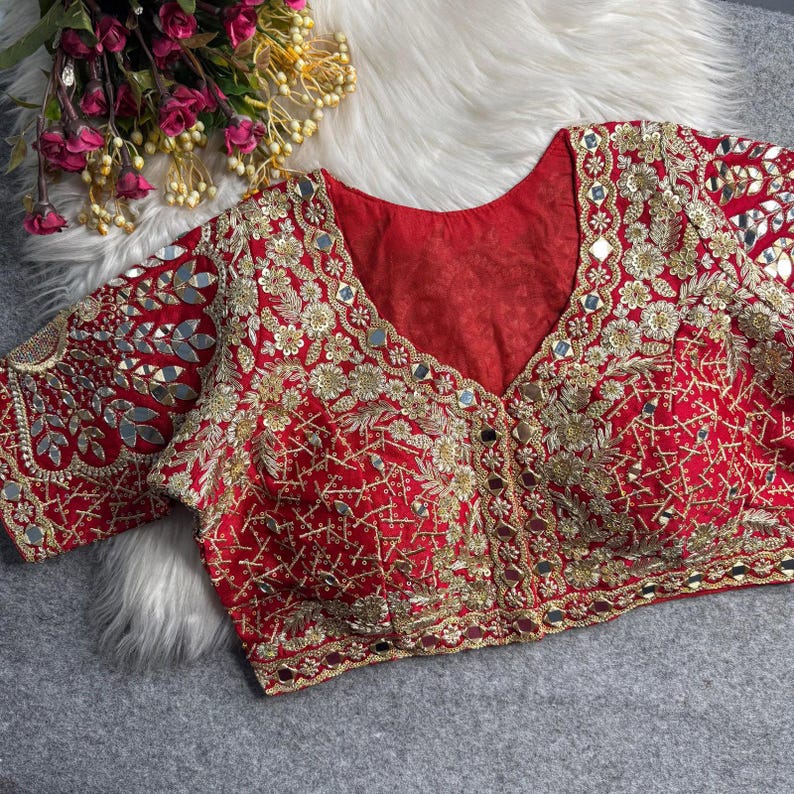 Red Peacock Mirror Work Designer Blouse | Heavy Embroidery Party Wear Stitched Blouse