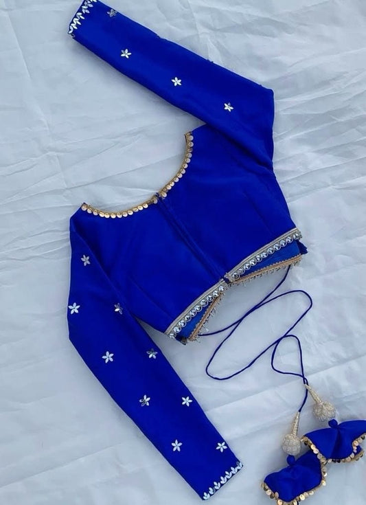 Royal Blue Minimal Embroidered Blouse with Floral Motif Detailing