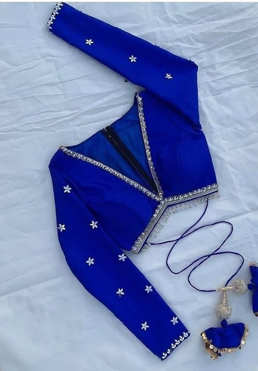 Royal Blue Minimal Embroidered Blouse with Floral Motif Detailing