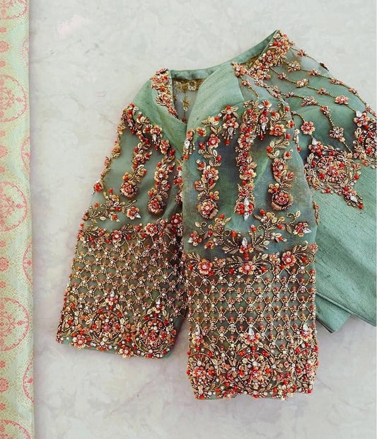 Sea Green Embroidered Designer Blouse with Floral Handwork