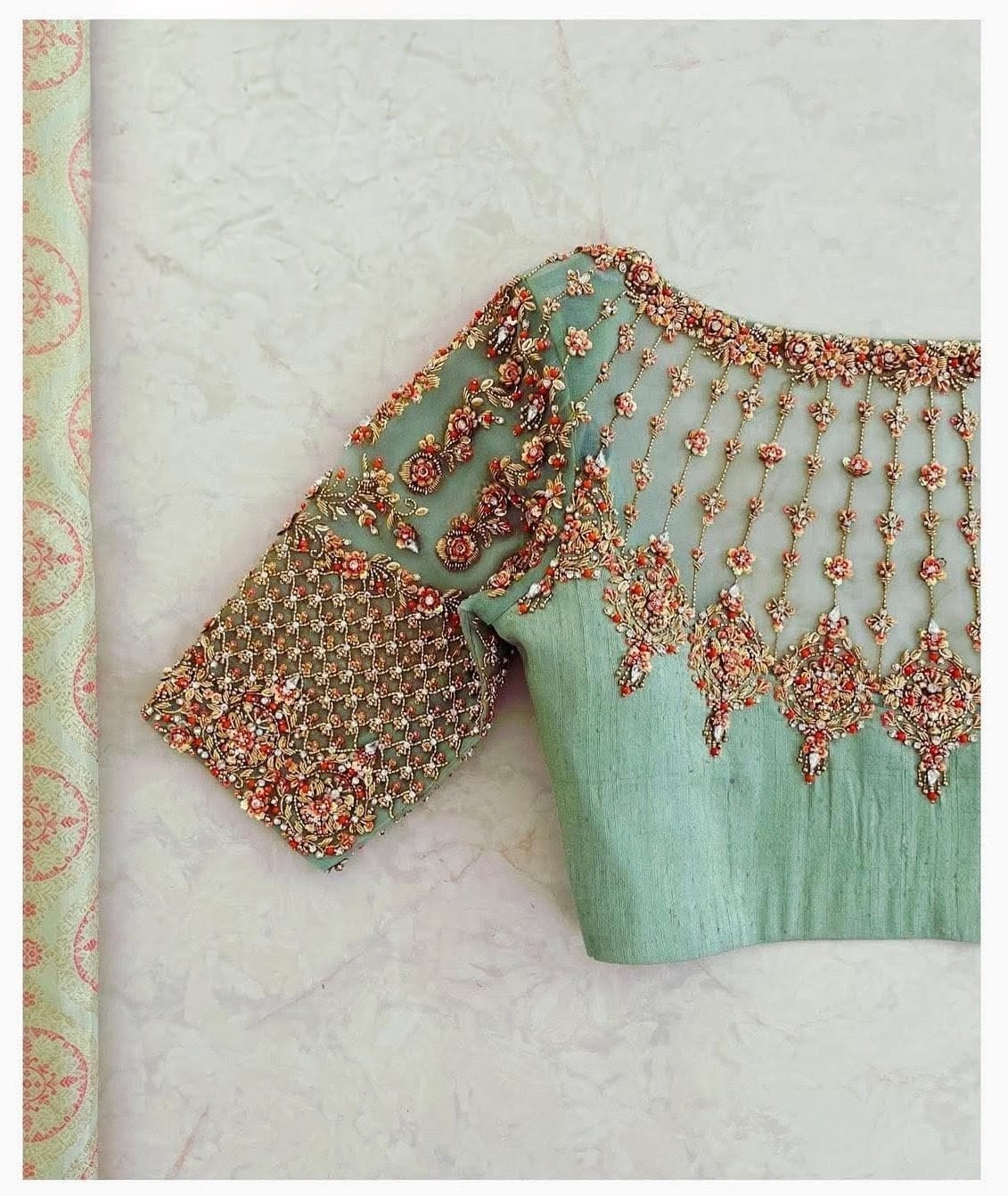 Sea Green Embroidered Designer Blouse with Floral Handwork