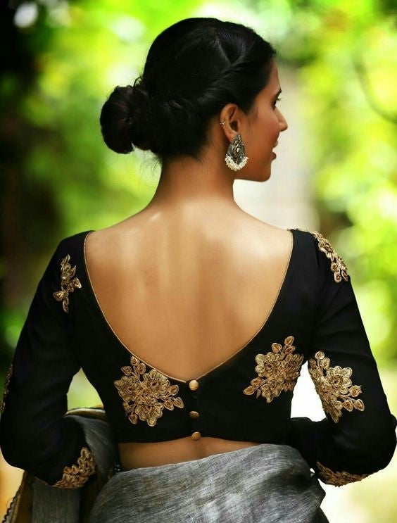 Black Velvet Embroidered Designer Blouse with Deep U-Back & Full Sleeves