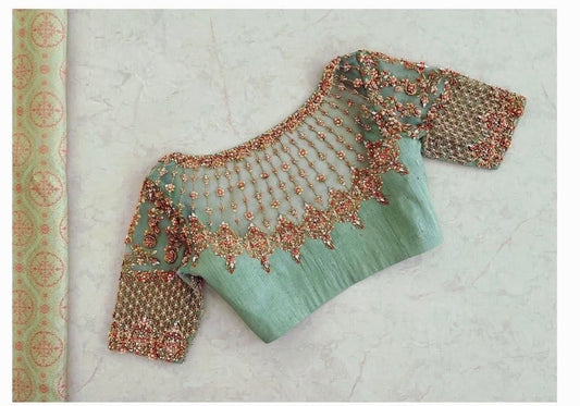 Sea Green Embroidered Designer Blouse with Floral Handwork